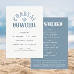 A fun and modern minimal blue Coastal Cowgirl Bachelorette weekend invitation in shades of blue and light cream white with bold typography, a cute sea shell illustration and fully customizable text templates on the front and back for your event details and the bachelorette weekend itinerary on the back. Use the design tool to change the font, font size and text placement if you like. Available printed on high quality paper or as Printable & Instant Download! Costal Cowgirl Bachelorette, Bachelorette Party Ideas Beach, Coastal Cowgirl Party, Coastal Blue Wedding, Sea Shell Illustration, Coastal Cowgirl Bachelorette Party, Blue Coastal Cowgirl, Coastal Bachelorette Party, Coastal Cowgirl Bachelorette