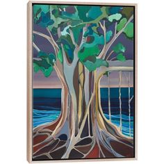 an abstract painting of a tree with the ocean and sky in the background at night