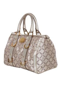 Be the IT girl with this bold and glamorous Versace handbag! Its classic beige body is detailed with gold for a bombshell vibe that'll get all the looks. Make a statement and carry this standout accessory everywhere! Made in Italy Canvas logo fabric Leather handles and trims Gold hardware Zipper top closure One interior slip pocket Minor blemish on front and back Comes with dust bag Height 9" Width 12" Depth 5.25" Handle drop 5.5" Beige Top Handle Satchel With Silver-tone Hardware, Designer Beige Bags With Gold-tone Hardware, Beige Top Handle Bags With Silver-tone Hardware, Gold Bag With Detachable Strap And Double Handle, Gold Double Handle Bag With Detachable Strap, Gold Bags With Detachable Strap And Double Handle, Luxury Gold Bag With Top Carry Handle, Designer Gold Bags With Double Handle, Designer Gold Double Handle Bag