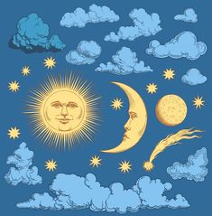 the sun, moon and stars are in the sky with clouds around them on a blue background