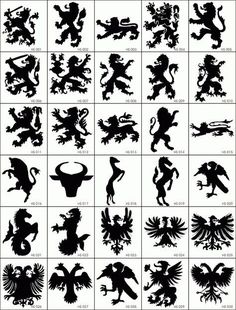 the silhouettes of lions and lions are shown in black on a white square background