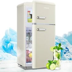 Instant freezing and ultimate freshness, enjoy the convenience of a refrigerator where you stay! Compact and large-capacity size meets our different storage needs without taking up much space. This retro refrigerator keeps fresh 32F to 50F, freezes 32F to - 4F. Seven temperature control keeps your food and beverages completely fresh and quickly chilled. The double door design allows you to partition your food and better place different types of items at their proper temperature. Retro handles are simple and sturdy for easy use. In addition, it has two removable shelves and a crisper, so you can mix and match your storage as needed. Adjustable feet and wheels on the bottom make it easy to move around and adapt to any place. Color: White. Retro Mini Fridge Dorm Room, Boho Mini Fridge, Small Fridge In Bedroom, Small Mini Fridge, Apartment Appliances, Retro Mini Fridge, Cute Refrigerator, Fridge Sizes, Apartment Size Refrigerator