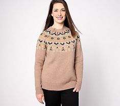 This beautiful Fair Isle adaptive sweater is the ideal topper for fall, winter, and beyond. From Denim & Co.® Fashions. Nordic Sweater For Fall Cold Weather, Nordic Sweater For Fall And Cold Weather, Nordic Fall Sweater, Fall Nordic Style Top With Fair Isle Pattern, Fall Nordic Top With Fair Isle Pattern, Nordic Style Outerwear For Fall, Fall Crew Neck Outerwear With Fair Isle Pattern, Fair Isle Pattern Crew Neck Outerwear For Fall, The Comfy