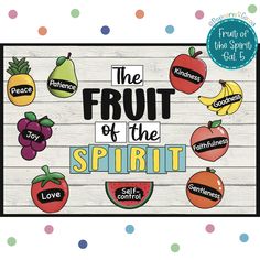 the fruit of the spirit is displayed on a wooden board with polka dots around it