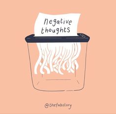 a drawing of a container with noodles in it and the words negative thoughts written on top