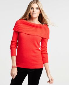 In Mint condition, new with tags attached, from Ann Taylor, original retail of $78 on the tag, a medium  weight, bright orange sweater with cowl neck styling with large cowl neckline as shown, size Small on the tag.  This medium weight sweater has a lovely cowl neckline as shown,  can be worn in a more traditional manner as well as over the shoulder, pull-on styling. 48% merino wool, 31% modal and 21% nylon, hand washable according to the tag though I would dry clean only.  Raglan sleeves that h Halston Dress, Petite Sweaters, Cashmere Sweater Women, Warm Sweater, Orange Sweaters, Halston Heritage, Warm Sweaters, Sweaters Online, Cute Sweaters