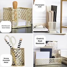 four different images of gold and white desk accessories with text describing how to use them