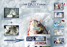 an advertisement for the daily catch with pictures of people and fish in bags on ice