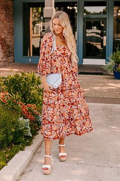 Lovely Blooms Midi Autumn Inspired, Orange Hues, Fall Photo, Loose Sleeves, Fall Inspo, Abstract Floral Print, Dance Hall, Fall Photos, Square Cut