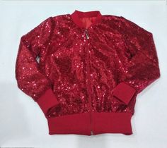 This bomber adds trendy look to her wear! Comfortable, elegant and shiny at the same time! We make such bombers for women as well. Do not hesitate to order! Red Sequined Outerwear For Party, Red Long Sleeve Sequined Outerwear, Royal Blue Girls Dress, Burgundy Sequin Dress, Gold Sequin Jacket, Ivory Girls Dress, Sequin Costume, Sequin Coats, Blush Flower Girl Dresses