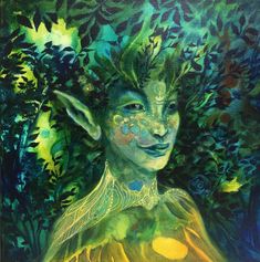 a painting of a woman's face with green leaves on her head and body