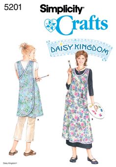 two women in aprons and dress sewing pattern with the words, simply crafts daisy kingdom