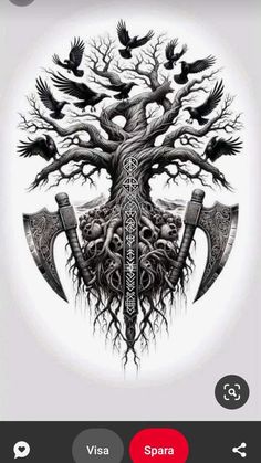 an image of a tree with two axes and birds on it's branches, surrounded by