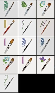 many different types of paint brushes are shown in this gridded image with the names and colors on them