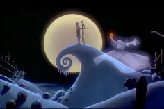 an animated scene with two people standing on top of a snow covered hill in front of a full moon