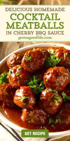 delicious homemade cocktail meatballs in cherry bbq sauce on a plate with parsley