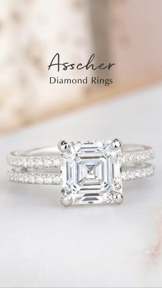 an asscher diamond ring with two bands around it and the words, asscher diamonds