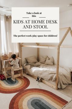 a kid's bedroom with bunk beds and rugs on the floor in front of it