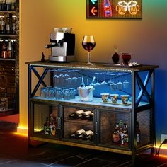 a bar with wine glasses and bottles on it