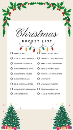 the christmas bucket list is shown in this image