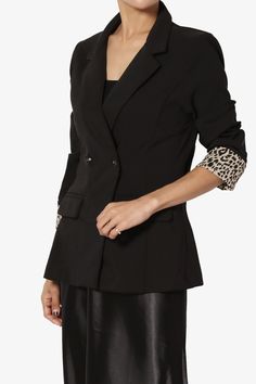 Clean, sleek lines look ultra sophisticated in this tailored blazer. Double breasted style with a notched lapels. A great piece for layering with shorts and simple tee for the day and layer over a bodycon midi dress for the night!Double breasted closure, Long sleeves with contrast leopard cuffsNotched lapels, Stretch crepe ; Good for spring summer fallStraight hem, Princess seam details, Faux flap pocketsFits small to size, take one size larger than normalModel size : 5'3" height, 34" bust, 24" Sleek Notch Lapel Blazer Dress For Office, Sleek Blazer Dress With Suit Collar For Office, Tailored Notch Lapel Blazer Dress For Night Out, Sleek Tailored Blazer Dress For Office, Office Chic Blazer, Trendy Tailored Blazer For Office, Trendy Tailored Office Wear Blazer, Chic Notched Blazer Dress For Business Casual, Trendy Tailored Office Blazer