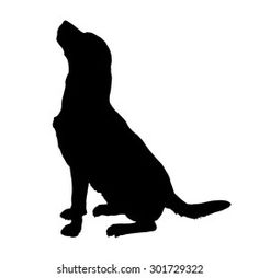 a black and white silhouette of a dog looking up at something in the air with its mouth open