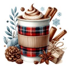 a cup filled with hot chocolate surrounded by cinnamons and other christmas decorations on a white background