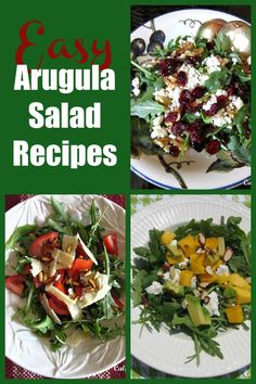 four different salads are shown with the words easy arugula salad recipes on them