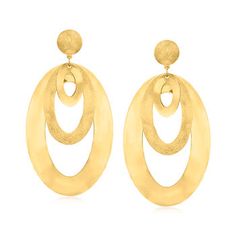 Ross-Simons - Italian 18kt Gold Over Sterling Textured Oval Drop Earrings. Carefully crafted in Italy, these drop earrings feature gleaming open-spaced ovals that make a modern statement. The textured and polished finishes on the 18kt yellow gold over sterling silver are applied by hand for an artisanal touch that will vary from piece to piece. Hanging length is 2 3/8". Post/clutch, 18kt gold over sterling oval drop earrings. Luxury Oval Hoop Earrings, Elegant Hoop Chandelier Earrings, Elegant Oval Pendant Earrings For Anniversary, Elegant Gold Oval Hoop Earrings, Elegant Oval Clip-on Jewelry, Oval Jewelry With Polished Finish For Evening, Luxury Oval Yellow Gold Earrings, Gold Oval Earrings With Elegant Design, Luxury Yellow Gold Oval Earrings