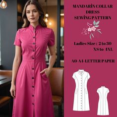 Mandarin collar dress, suitable for summer use. The difficulty level is medium level. Sewing instructions size chart includes fabric requirements ♥US Sizes: 2, 4, 6, 8, 10, 12, 14, 16, 18, 20, 22, 24, 26, 28, 30 ♥Standard Sizes: XS, S, M, L, XL, 2XL, 3XL, 4XL ♥These patterns are suitable for A4 and US Letter size papers. ♥Once your payment is processed, you will automatically receive download links for the pattern files. Please note that you can only download the files from a computer; they will Mandarin Collar Pattern, Sew Your Own Clothes, Mandarin Collar Dress, Shirt Sewing Pattern, Sewing Instructions, Cottagecore Style, Sewing Lessons, Collar Pattern, Dress Sewing Pattern