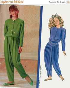 two women's jumpsuits, one in blue and the other in green