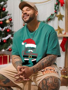 Men's Plus Size Loose Christmas Invisible Santa Claus Text Pattern Christmas Green Knitted Men's Crew Neck Short Sleeve T-Shirt. Green Casual  Short Sleeve Knitted Fabric Cartoon,Christmas,Figure  Slight Stretch  Men Plus Size Clothing, size features are:Bust: ,Length: ,Sleeve Length: Men Plus Size Fashion, Duct Tape Prom Dress, Text Pattern, Halloween 3, Christmas Green, Printed Cushion Covers, Men Plus Size, Mens Plus Size