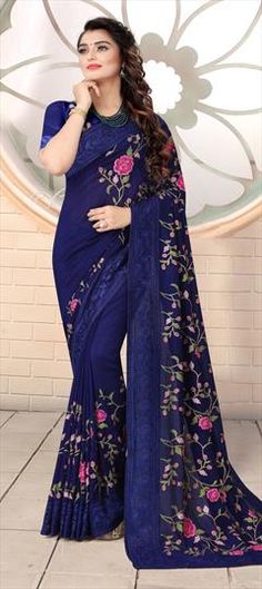 Blue color Saree in Art Silk, Silk fabric with Embroidered, Resham, Thread work Blue Floral Print Traditional Wear For Festive Occasions, Semi-stitched Blue Floral Traditional Wear, Traditional Blue Saree With Floral Print, Blue Floral Print Saree With Traditional Drape, Blue Floral Print Saree For Festivals, Blue Art Silk Saree With Floral Embroidery, Blue Saree With Floral Embroidery, Blue Saree With Floral Embroidery In Traditional Drape, Blue Semi-stitched Embroidered Fabric