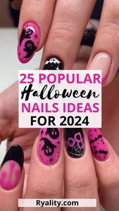 Halloween Nail Ideas 2024, Cute Pink Halloween Nails, Halloween Pink Nails, Halloween Nails 2024, Pink Spooky Nails, Cute Spooky Nails, Halloween Nails Pink