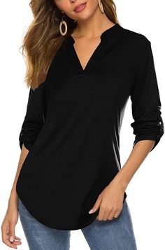 This blouse is super versatile, the perfect tunic for dressing up or dressing down. This is a casual, comfy blouse that's great for running errands, but professional enough to wear to work or a Zoom meeting. It's a flowy, relaxed cut that skims away from the body. Pair with your favorite slacks for a professional look, or jeans or leggings for a night out. Flows away from body Relaxed fit, size down for a fitted look Long tunic length, 3/4 roll tab sleeves 65% cotton, 35% polyester Machine wash How To Wear Kimono, Business Casual Blouse, Comfy Blouse, V Neck Tunic, Long Tunic Tops, Long Tunic, Tunic Blouse, Casual Fall Outfits, Henley Shirts