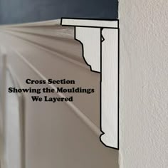 a close up of the corner of a wall with text on it that reads cross section showing the mouldings we layered