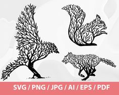 three trees are shown in black and white with the words svg / png / jpp / aies / eps / df