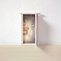 an open door to a small room with a fireplace and bookshelf in it