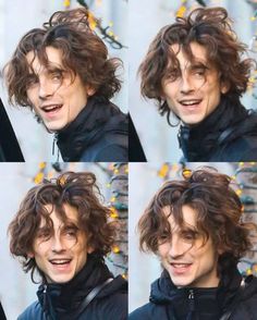 four pictures of a young man with curly hair smiling and making funny faces while looking at the camera