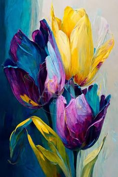 a painting of purple and yellow tulips in a vase on a blue background