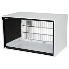 a white and black cabinet with the door open