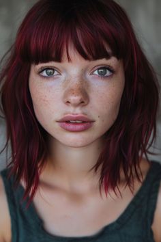 Portrait of a young woman with vibrant red hair and freckles looking directly at the camera. Heavy Bangs, The Perfect Haircut, Shoulder Length Layered, Asymmetrical Pixie