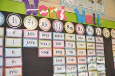 a bulletin board with clocks on it and words written in large letters that spell out the word