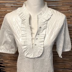 Gorgeous! 100% Cotton Metallic Eyelet Blouse Casual Fitted Blouse With Broderie Anglaise, Fitted Casual Blouse With Broderie Anglaise, Classic Summer Tops With Ruffles, Classic Ruffled Summer Tops, Classic Tops For Summer Brunch, Classic Summer Tops For Brunch, Classic Summer Tops With Lace Trim, Classic Spring Beach Blouse, White Broderie Anglaise Top For Spring