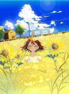 a girl is standing in the middle of a field with sunflowers on it