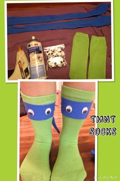 TMNT Teenage Mutant Ninja turtle socks. Son wanted some for crazy sock day at school. No choices for boys, so we made our own. Green socks Old blue shirt Squiggly eyes Fabric spray glue Hot glue for eyes I only glued front of socks. Headband ties in back. Cut headband long. Crazy Socks Day At School For Boys, Silly Socks Day At School, Silly Sock Day Ideas, Crazy Socks Day Diy, Crazy Sock Day Ideas, Crazy School Day, Wacky Socks, Spirit Day Ideas, 100 Días De Clases