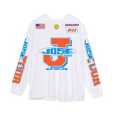 a white long - sleeved shirt with an orange and blue logo on the chest