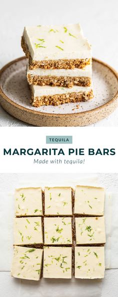 the ingredients for margarita pie bars are displayed on a plate and in front of each other