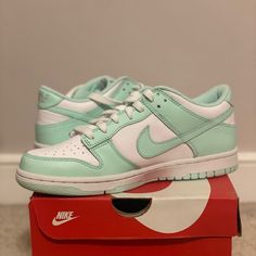 Nike Dunks Low - Mint Foam/White. Brand New, Never Worn. Youth Size 5.5, Women’s Size 7. White Casual Custom Sneakers, Shoes Nike Dunks, Nike Dunks Low, Dunks Low, Nike White, White Brand, Nike Dunk Low, Dunk Low, Shoes Nike