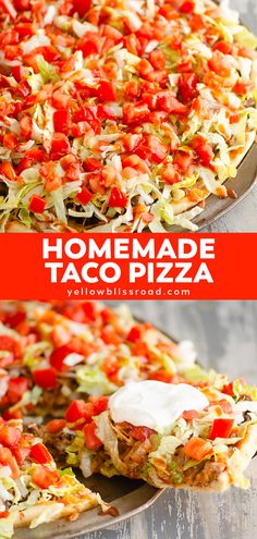 this homemade taco pizza is loaded with shredded lettuce, tomatoes and cheese